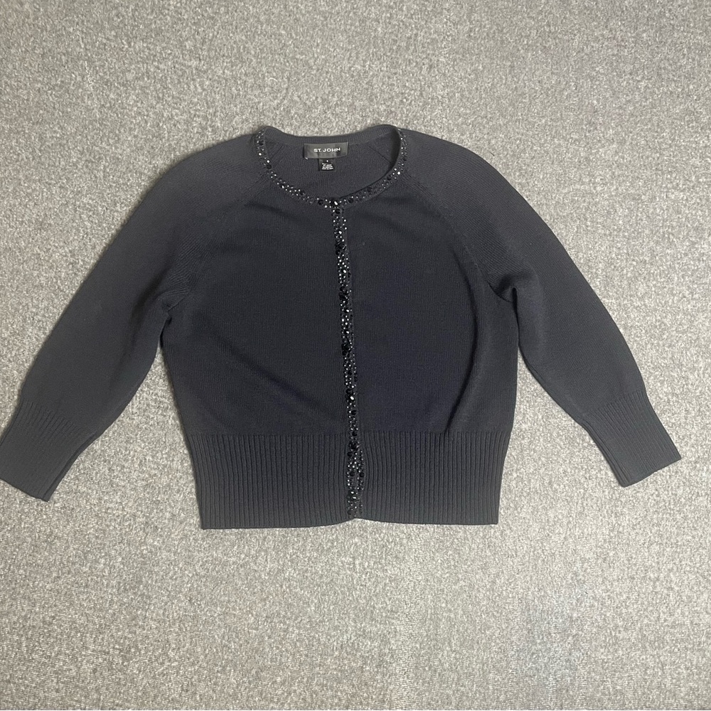 St. John Black Cardigan with Beaded Detail